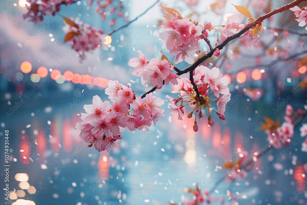 Delicate cherry blossoms bloom along the bank of a tranquil river at twilight. The soft pink petals contrast beautifully with the water shimmering surface and the glowing lights in the background Delicate cherry blossoms bloom along the bank of a tranquil river at twilight. The soft pink petals contrast beautifully with the water shimmering surface and the glowing lights in the background