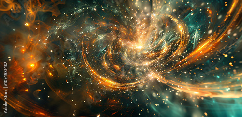 A radiant digital artwork depicting a swirl of light and colors, capturing the essence of cosmic phenomena and the interplay of energy and matter in the universe. photo