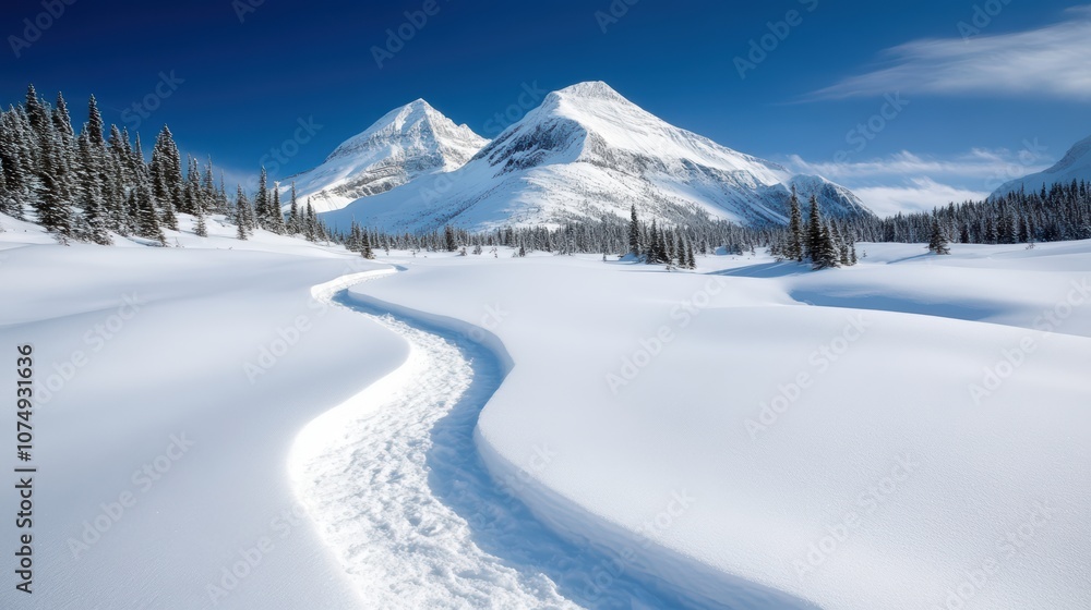A serene winter landscape featuring snow-covered mountains and a winding trail through pristine white snow. A serene winter landscape featuring snow-covered mountains and a winding trail through pristine white snow.