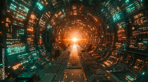 A futuristic tunnel illuminated with bright orange and teal lights, creating a high-tech, sci-fi ambiance with a warm, glowing exit point