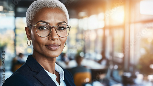 Bellissima donna afro americana di 45 anni con vestito elegante, occhiali e capelli bianchi in un moderno ufficio con ampie vetrate e vista sulla città photo