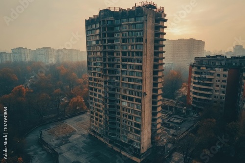 Desolate Highrise: An evocative drone shot captures a decaying highrise building amidst a hazy cityscape, hinting at urban decay and forgotten stories. photo