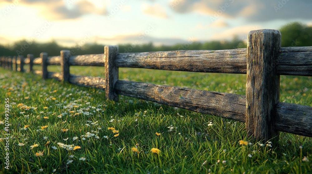 A rustic wooden fence amidst a vibrant field of flowers and grass under a serene sky. A rustic wooden fence amidst a vibrant field of flowers and grass under a serene sky.