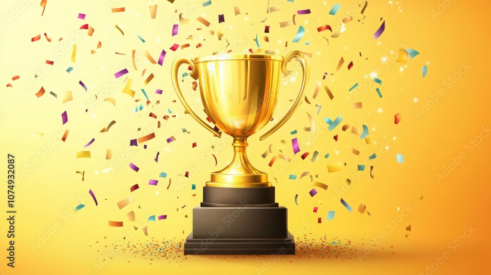 A gold trophy stands tall with confetti falling around it. A gold trophy stands tall with confetti falling around it.