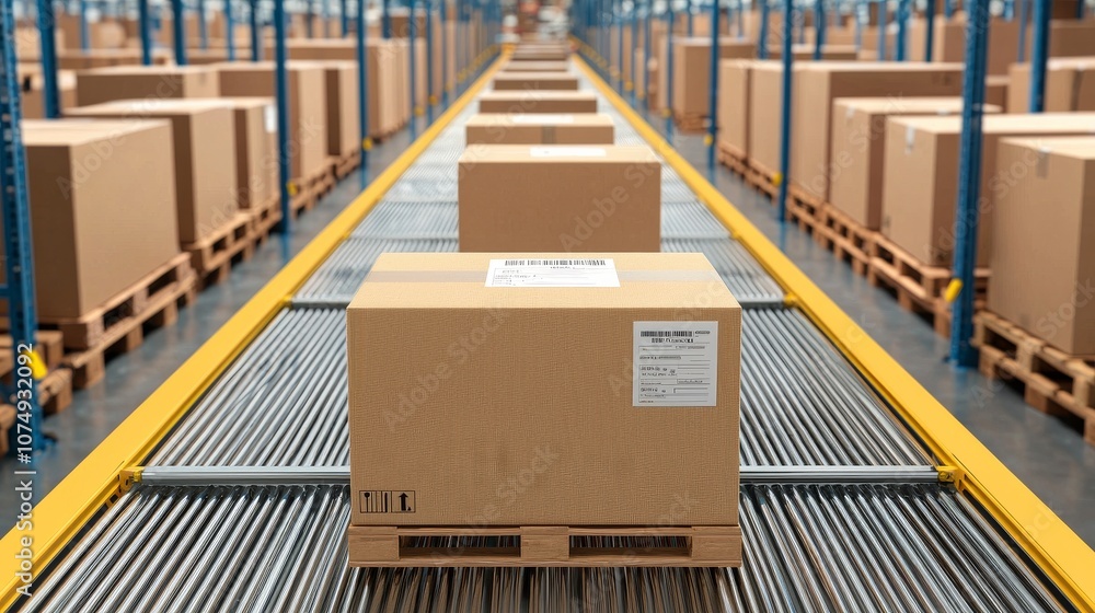 Cardboard Box on Conveyor Belt in Warehouse. Cardboard Box on Conveyor Belt in Warehouse.