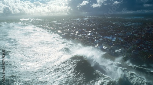 Looming Disaster: Climate Change Impact with Hurricane Approaching Coastal Town in Dramatic Scene