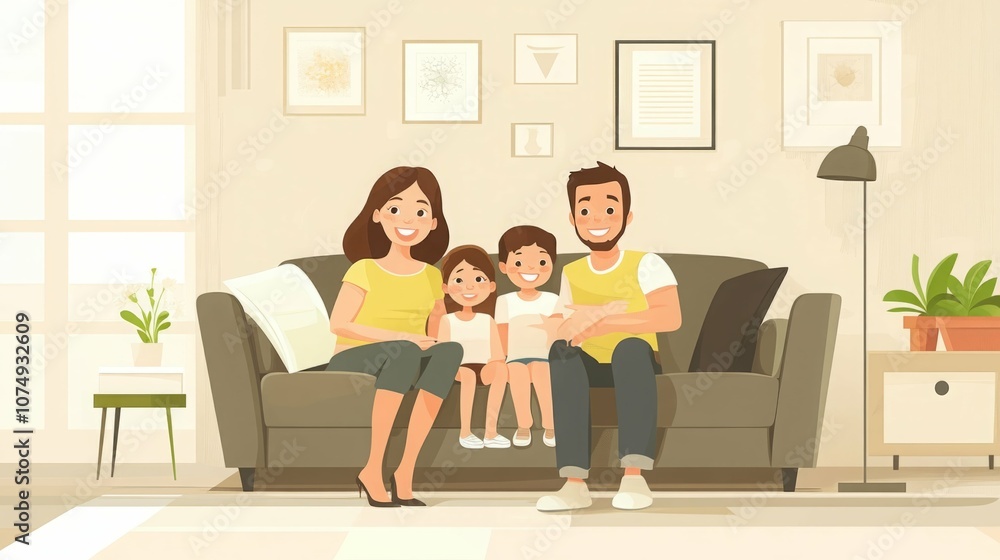 A happy family of four smiles for the camera while sitting on a comfy couch in their living room. A happy family of four smiles for the camera while sitting on a comfy couch in their living room.