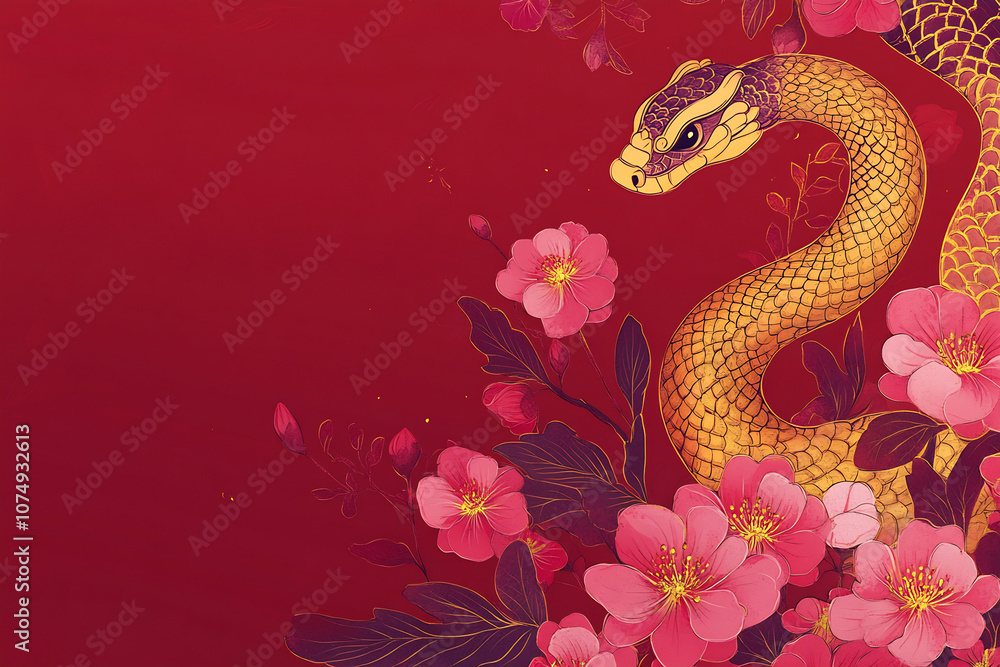 Obraz premium Gold snake amid pink blooms