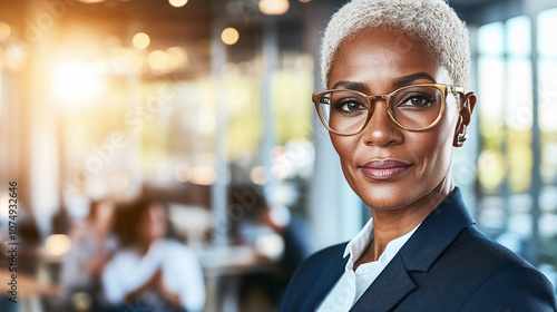 Bellissima donna afro americana di 45 anni con vestito elegante, occhiali e capelli bianchi in un moderno ufficio con ampie vetrate e vista sulla città photo