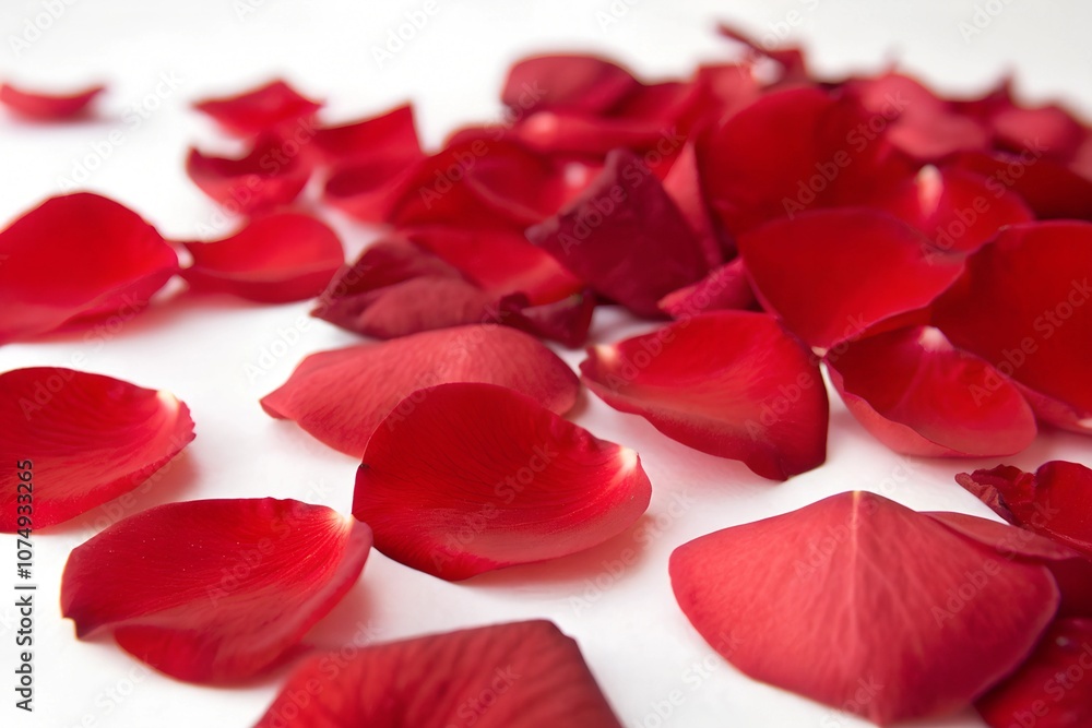 A close-up photo of red rose petals scattered on a white background. A close-up photo of red rose petals scattered on a white background.