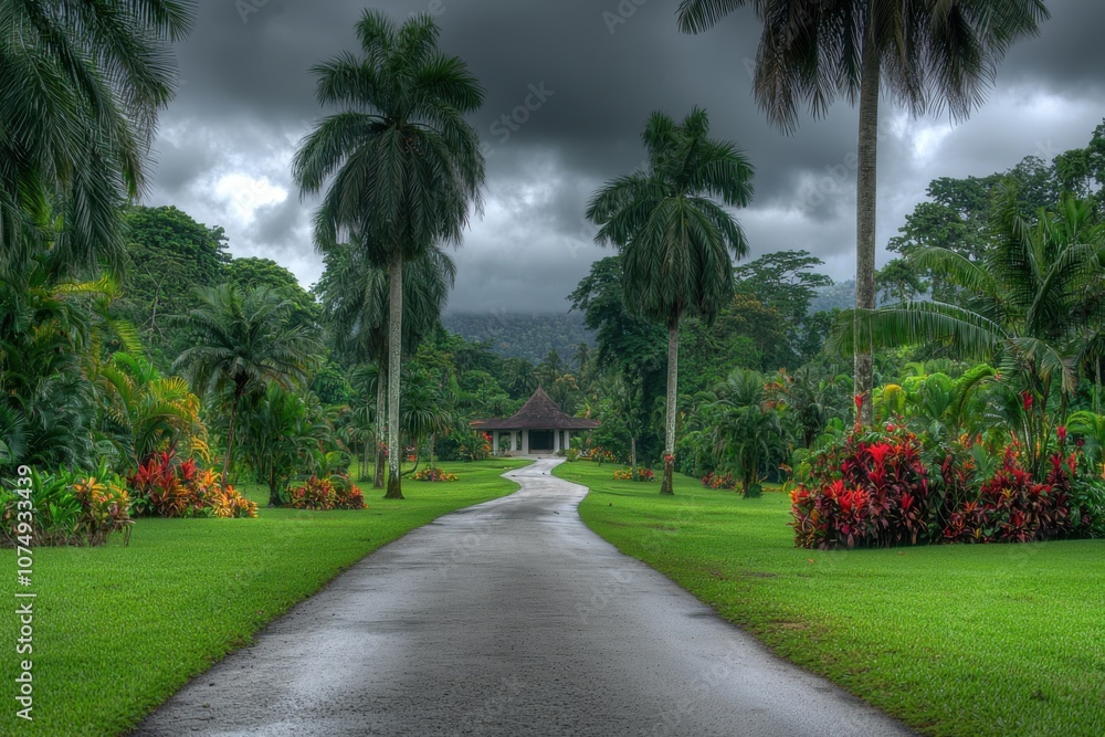 A serene pathway through lush greenery and vibrant flowers leading to a gazebo under cloudy skies. A serene pathway through lush greenery and vibrant flowers leading to a gazebo under cloudy skies.