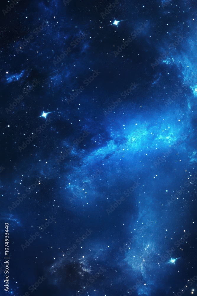 Naklejka premium Starry night sky with radiant light rays on blue blurred background