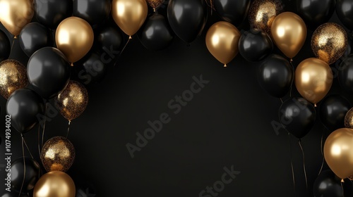 A black and gold balloon arch with many balloons