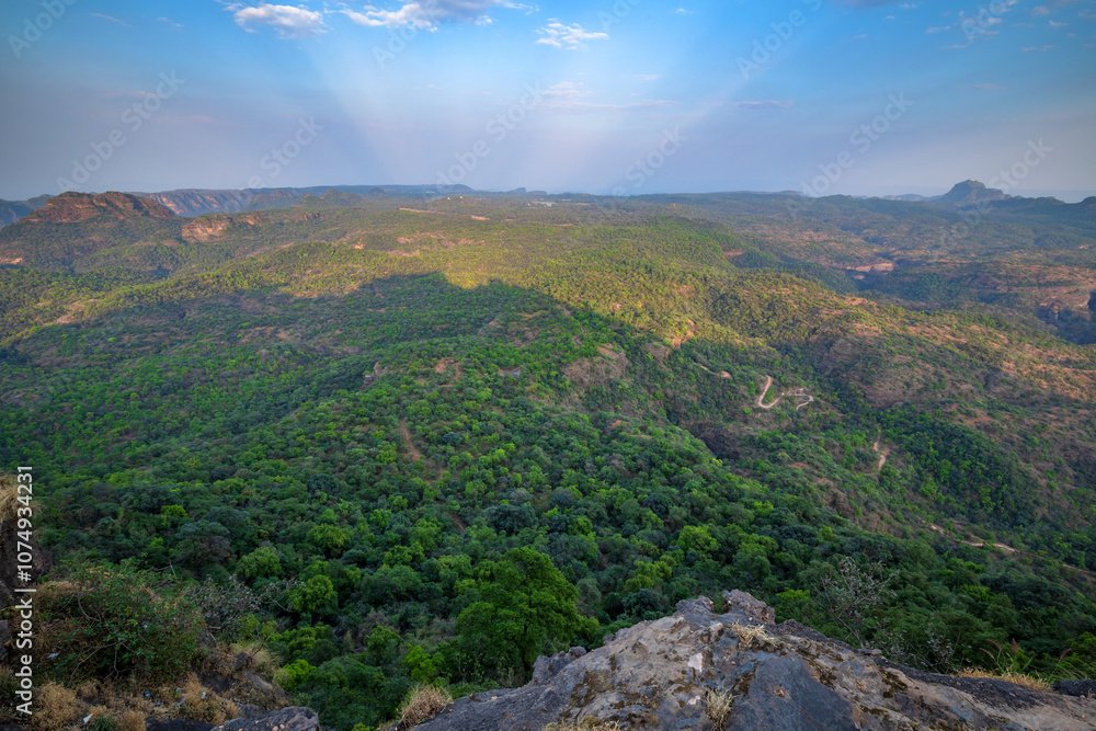 Naklejka premium Beautiful Sunset view of satpura mountain range, View from Dhoopgarh, Pachmarhi, Madhya Pradesh, India.
