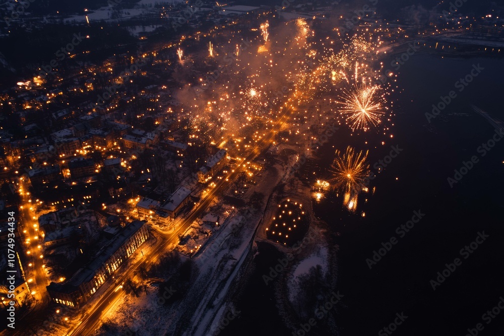 Aerial View of Cityscape at Night with Fireworks Display: A mesmerizing aerial view captures the vibrant cityscape at night. Aerial View of Cityscape at Night with Fireworks Display: A mesmerizing aerial view captures the vibrant cityscape at night.