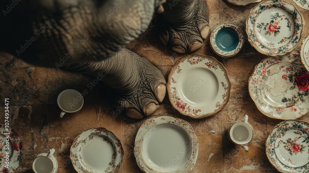 Overhead view of an elephant's feet standing near vintage plates and cups arranged on the ground, showcasing a unique wildlife interaction Overhead view of an elephant's feet standing near vintage plates and cups arranged on the ground, showcasing a unique wildlife interaction