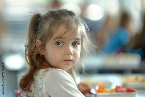 Young Child boy girl Eating Lunch in a School Canteen Setting with Juice and Food on Table, Generative AI