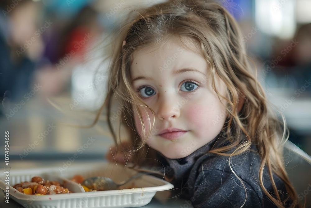 Young Child boy girl Eating Lunch in a School Canteen Setting with Juice and Food on Table, Generative AI Young Child boy girl Eating Lunch in a School Canteen Setting with Juice and Food on Table, Generative AI