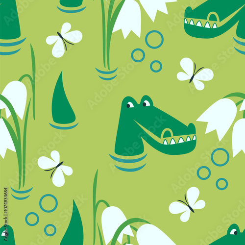 Vector seamless pattern with alligators swimming in the river