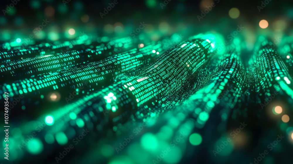 Digital Cable Emerging from Glowing Green Binary Matrix Background Digital Cable Emerging from Glowing Green Binary Matrix Background