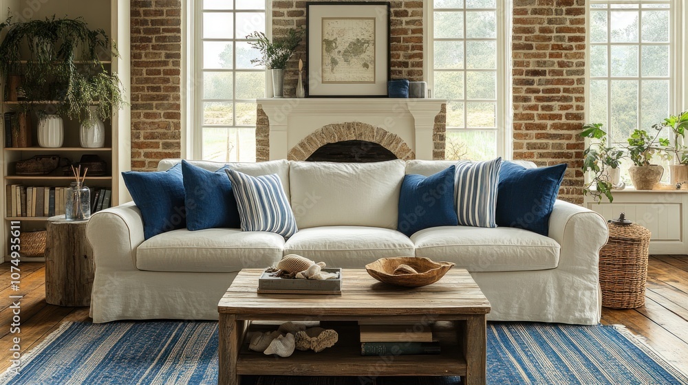 Obraz premium A white sofa with blue pillows sits in front of a brick fireplace in a living room with large windows.