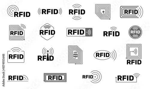 Radio frequency icons. Identification signs. Privacy and protection elements. Chip and antenna line. Wireless control tracking. Identify microchip pictogram. Vector line symbols set