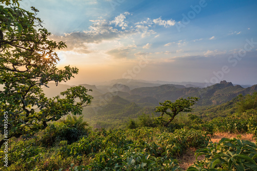 Beautiful Sunset view of satpura mountain range, View from Dhoopgarh, Pachmarhi, Madhya Pradesh, India.