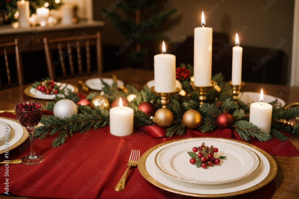 Elegant Christmas Dinner Table with Candlelight. Elegant Christmas Dinner Table with Candlelight.