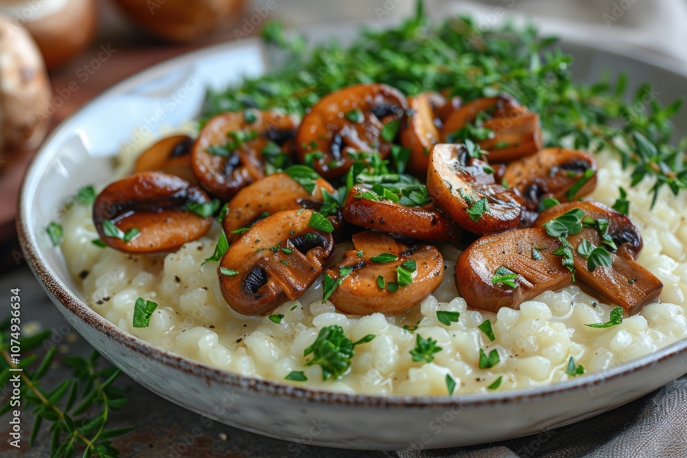 Creamy Mushroom Risotto with Fresh Herbs in a White Bowl Creamy Mushroom Risotto with Fresh Herbs in a White Bowl