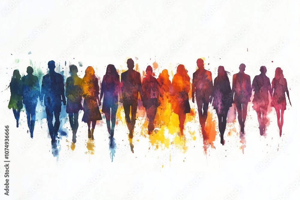 Obraz premium Silhouettes of diverse people in vibrant watercolor style, colorful background