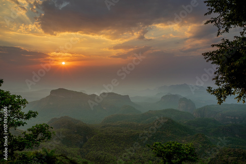 Beautiful Sunset view of satpura mountain range, View from Dhoopgarh, Pachmarhi, Madhya Pradesh, India.