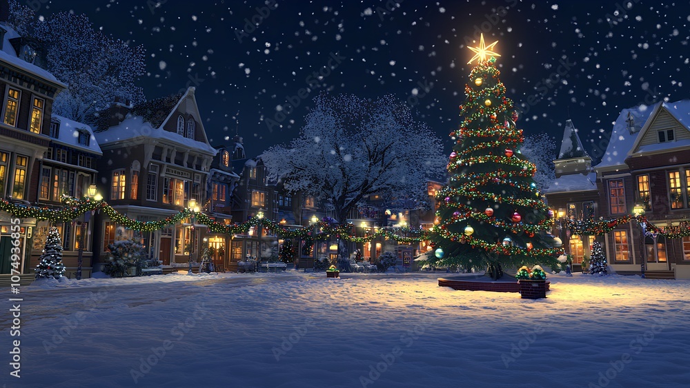 Enchanting Christmas Village with Snow-Covered Streets and Illuminated Tree Enchanting Christmas Village with Snow-Covered Streets and Illuminated Tree