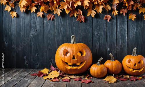 Three carved pumpkins sit on a wooden floor in front of a black wooden wall with autumn leaves photo