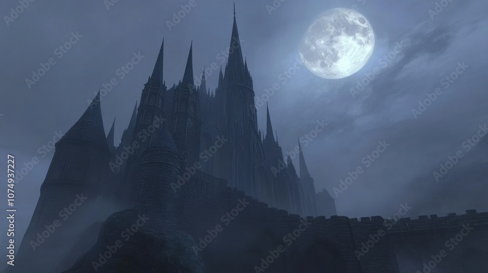 A majestic Gothic castle looms under a full moon in the misty night sky, creating an enchanting and mysterious atmosphere A majestic Gothic castle looms under a full moon in the misty night sky, creating an enchanting and mysterious atmosphere
