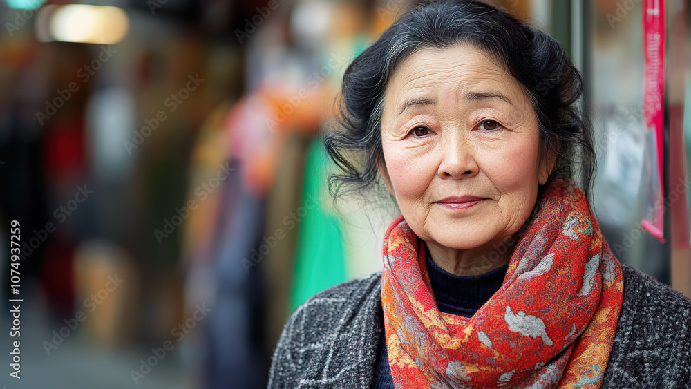 Elegant portrait of an Asian woman outdoors in a bustling market during the autumn season Elegant portrait of an Asian woman outdoors in a bustling market during the autumn season