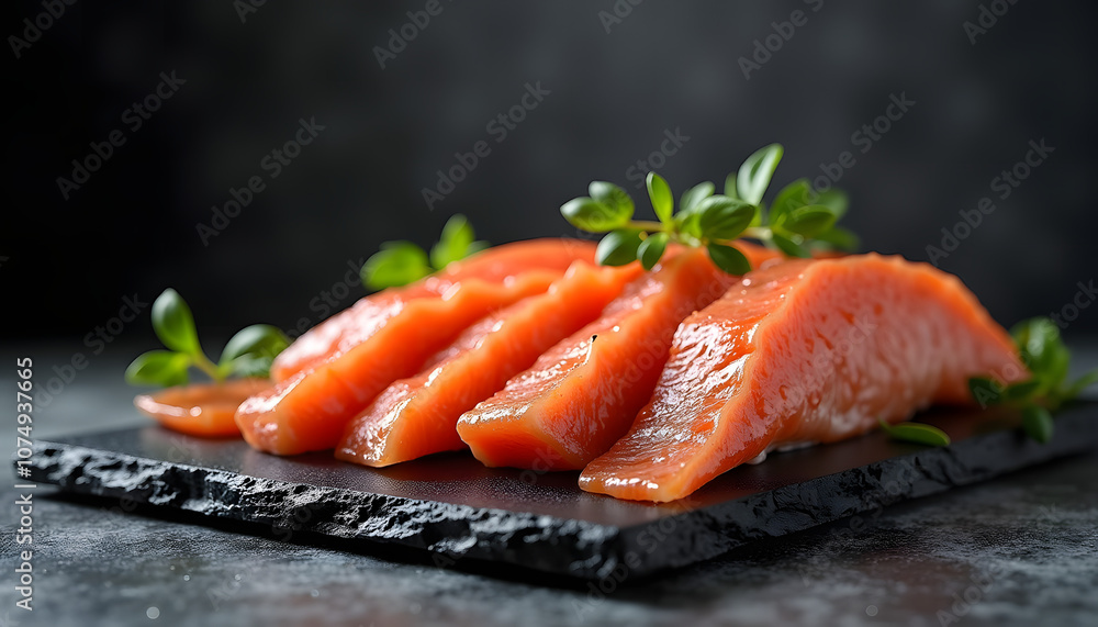 Gourmet salmon fillet elegantly presented on black stone plate Gourmet salmon fillet elegantly presented on black stone plate