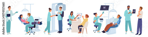 Patients in dental office. Dentists treat people teeth. Doctor consultation. Oral health care and hygiene. Medical checkup. Stomatology hospital. Professional chair. Garish vector set
