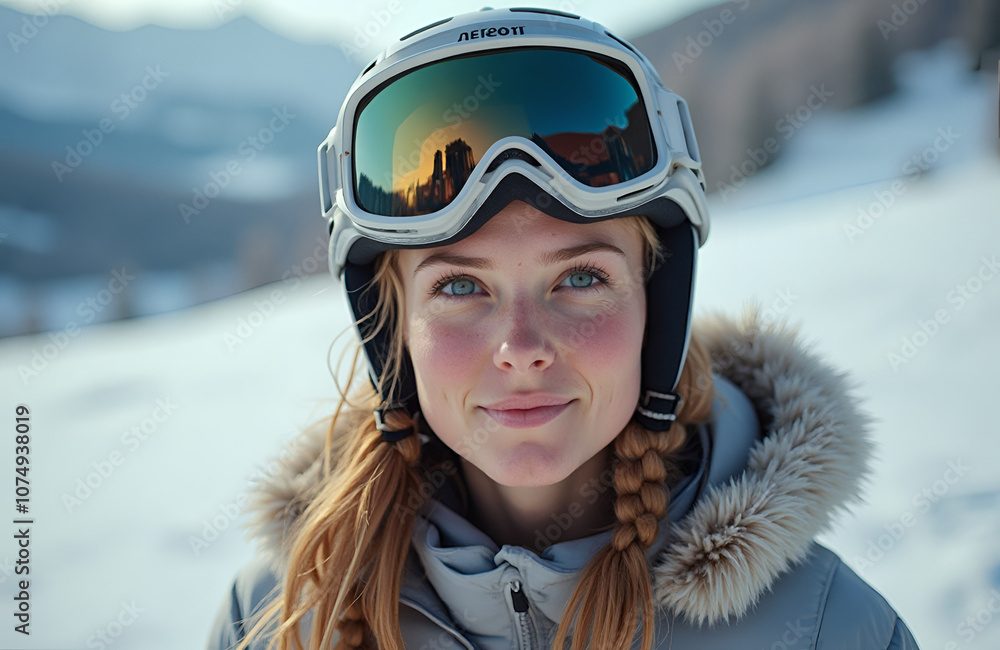 Large close-up portrait, female snowboarder with vibrant gear on the right, snowy landscape on the left, soft winter light. 