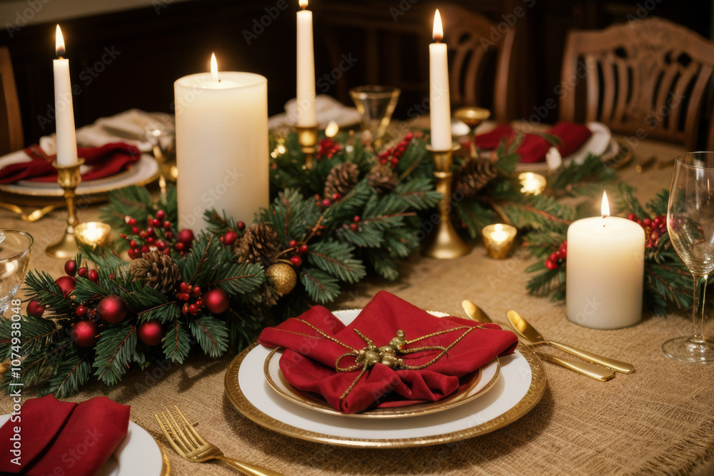 Elegant Christmas Dinner Table with Candlelight. Elegant Christmas Dinner Table with Candlelight.