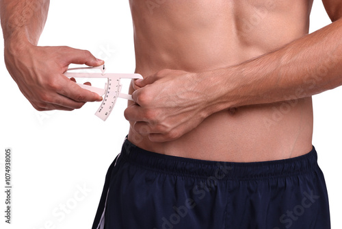 Man measuring body fat with caliper on white background, closeup photo