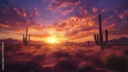 A breathtaking sunset casts vibrant colors over the vast desert landscape, illuminating cacti and distant mountains at dusk