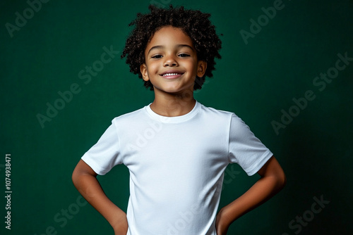 African American boy with black curly hair in white t-shirt on green background. Mockup template for brand, print and advertising. Studio shooting of cute little model.