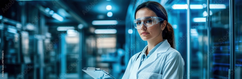 A scientist wearing protective gear holds a clipboard in a modern lab, surrounded by advanced equipment and blue lighting, conveying a professional atmosphere. A scientist wearing protective gear holds a clipboard in a modern lab, surrounded by advanced equipment and blue lighting, conveying a professional atmosphere.