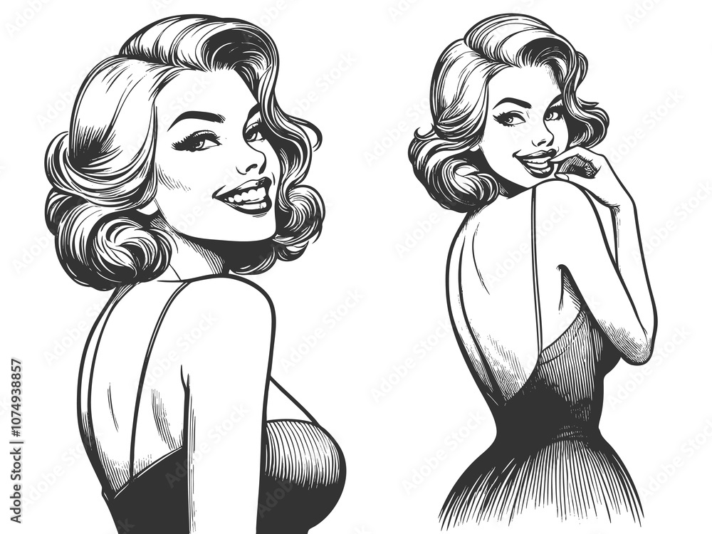 Playful smiling beautiful young woman flirty biting her little finger sketch engraving generative ai fictional character raster illustration. Scratch board imitation. Black and white image. Playful smiling beautiful young woman flirty biting her little finger sketch engraving generative ai fictional character raster illustration. Scratch board imitation. Black and white image.