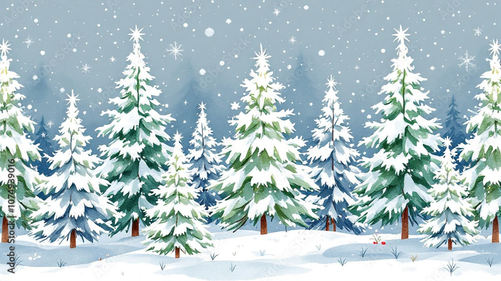 A poster or banner for christmas with christmas tree decorations on snow A poster or banner for christmas with christmas tree decorations on snow