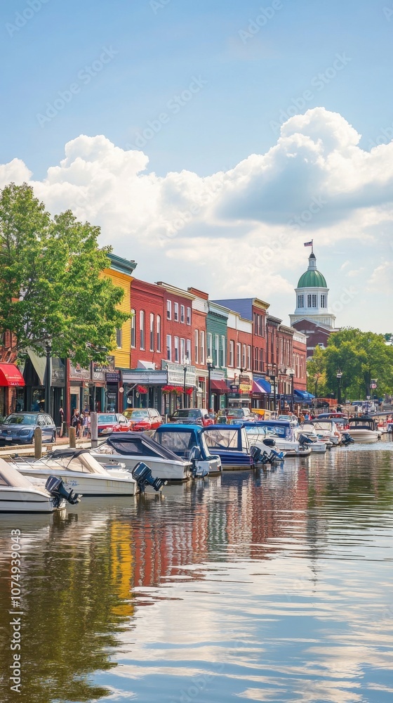 Fototapeta premium Historic Annapolis waterfront with colorful buildings and docked boats lined along the serene waters in bright daylight
