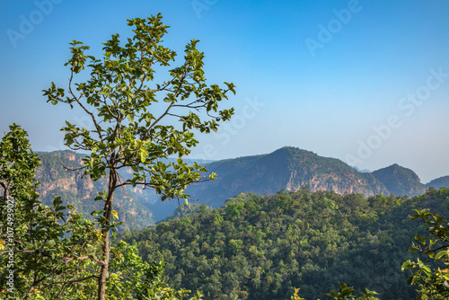 Beautiful view of satpura mountain range, View from Chouragarh Lord Shiva temple, Pachmarhi, Madhya Pradesh, India. photo