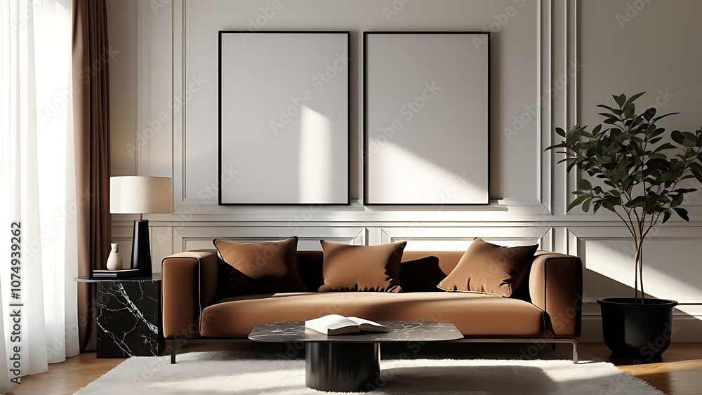Fototapeta premium Frame mockup, ISO A paper size. Living room wall poster mockup. Interior mockup with house background. Modern interior design. 3D render