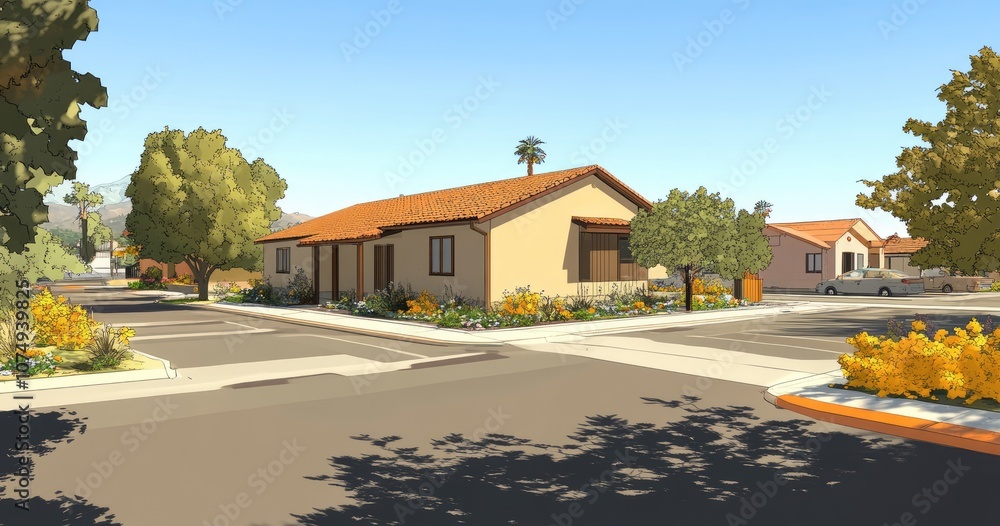 one-story house with a gable roof, beige exterior walls, and brown windows. The building is located on the street, in a front view. one-story house with a gable roof, beige exterior walls, and brown windows. The building is located on the street, in a front view.