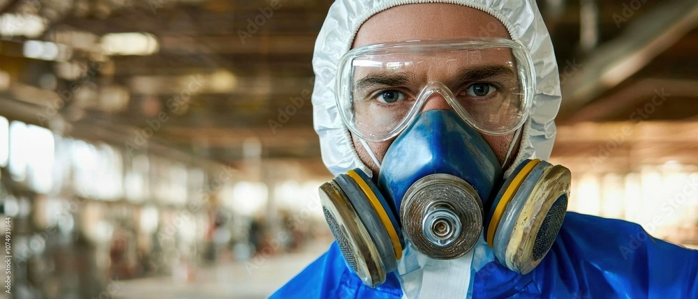 A worker in protective gear and a mask stands in an industrial setting, emphasizing safety and health precautions. A worker in protective gear and a mask stands in an industrial setting, emphasizing safety and health precautions.